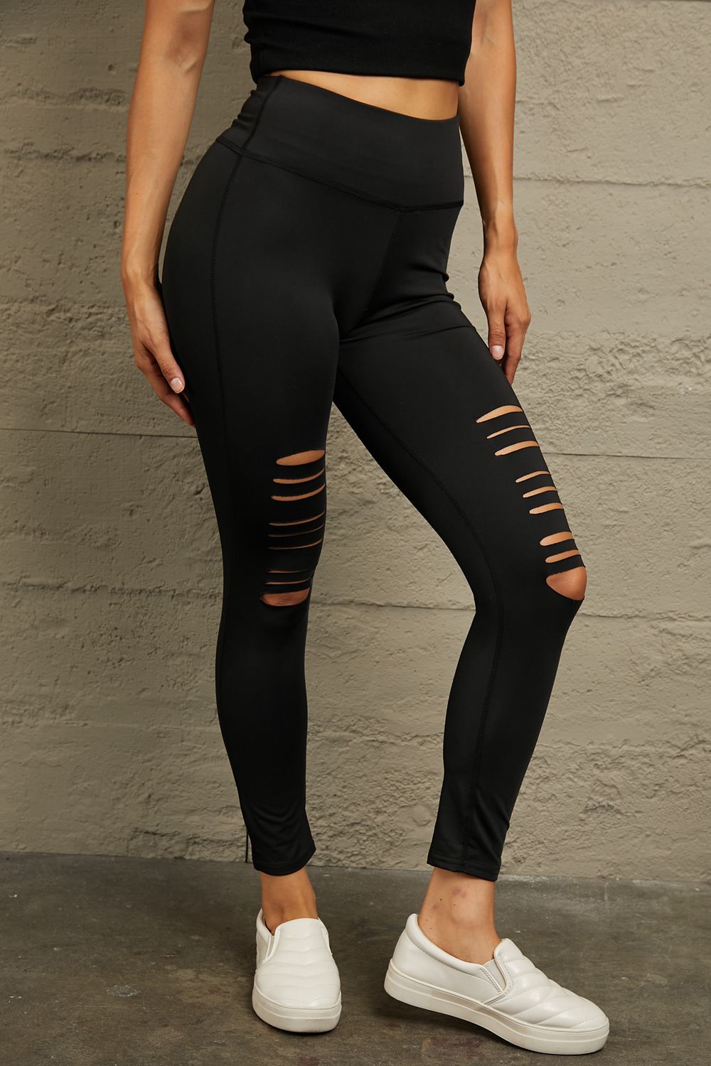 LuckeLAdybug LLC Black Leggings with Stylish Ripped Design and Wide Waistband for Comfort