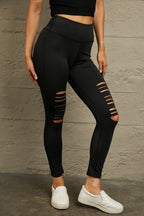 LuckeLAdybug LLC Black Leggings with Stylish Ripped Design and Wide Waistband for Comfort