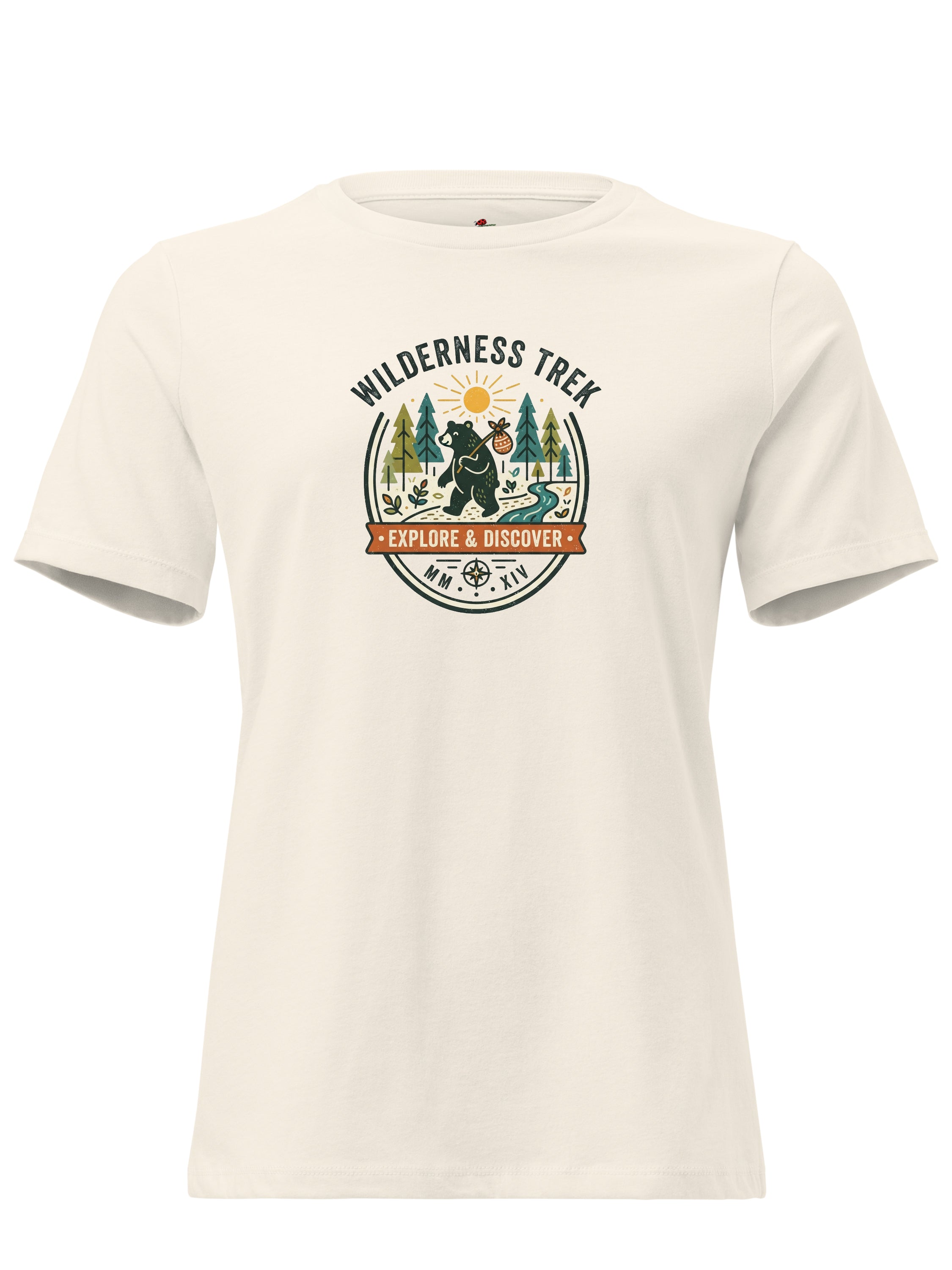 LuckeLadybug graphic tees t shirt featuring a wilderness trek design with trees and mountains