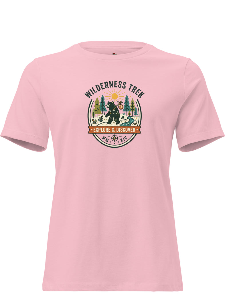 Pink LuckeLadybug graphic tees t shirt featuring a Wilderness Trek design with adventure theme