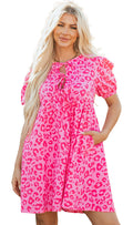 LuckeLadybug A line rose leopard puff sleeve mini dress bright pink with tie front keyhole and side pockets