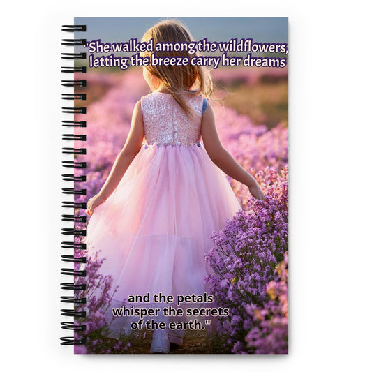 wildflower spiral notebook featuring a girl in a pink dress walking through a lavender field with an inspirational quote