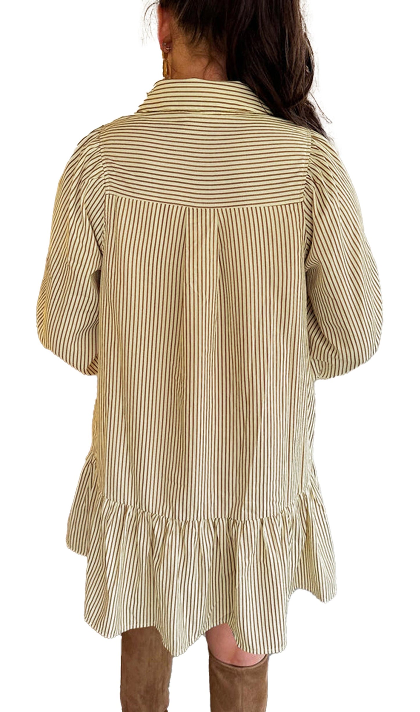 Back view of model wearing LuckeLadybug brown striped mini dress with collar long sleeves and ruffle hem