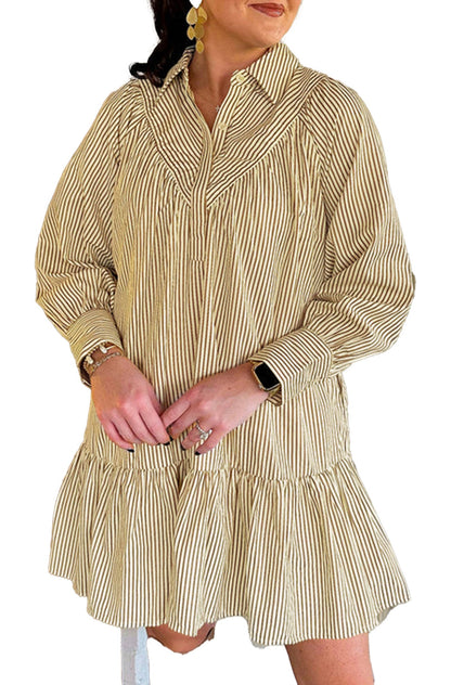 LuckeLadybug brown striped mini dress with collared V neck long puff sleeves and ruffle hem