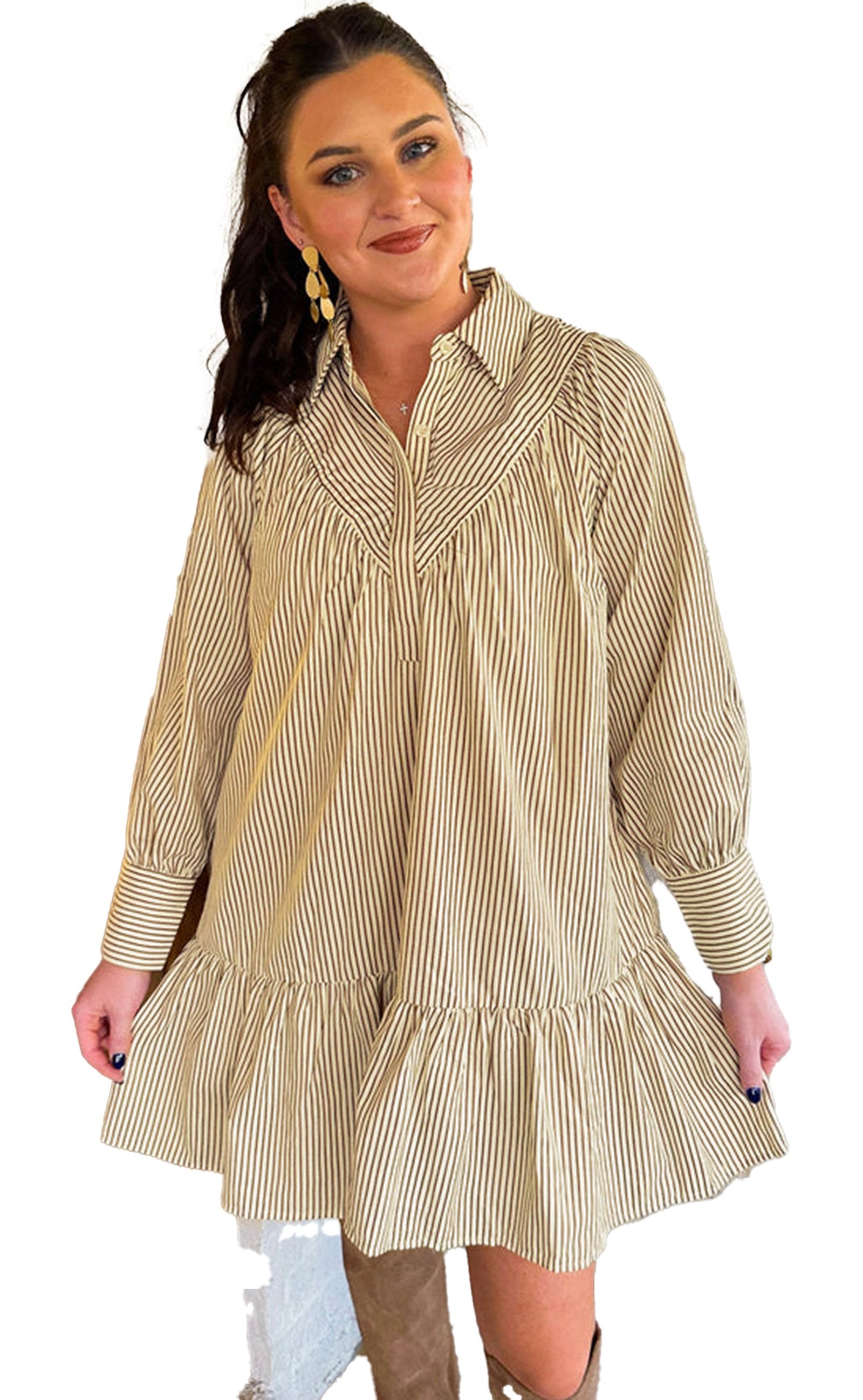 LuckeLadybug model wearing a brown striped mini dress with long sleeves ruffle hem and relaxed fit