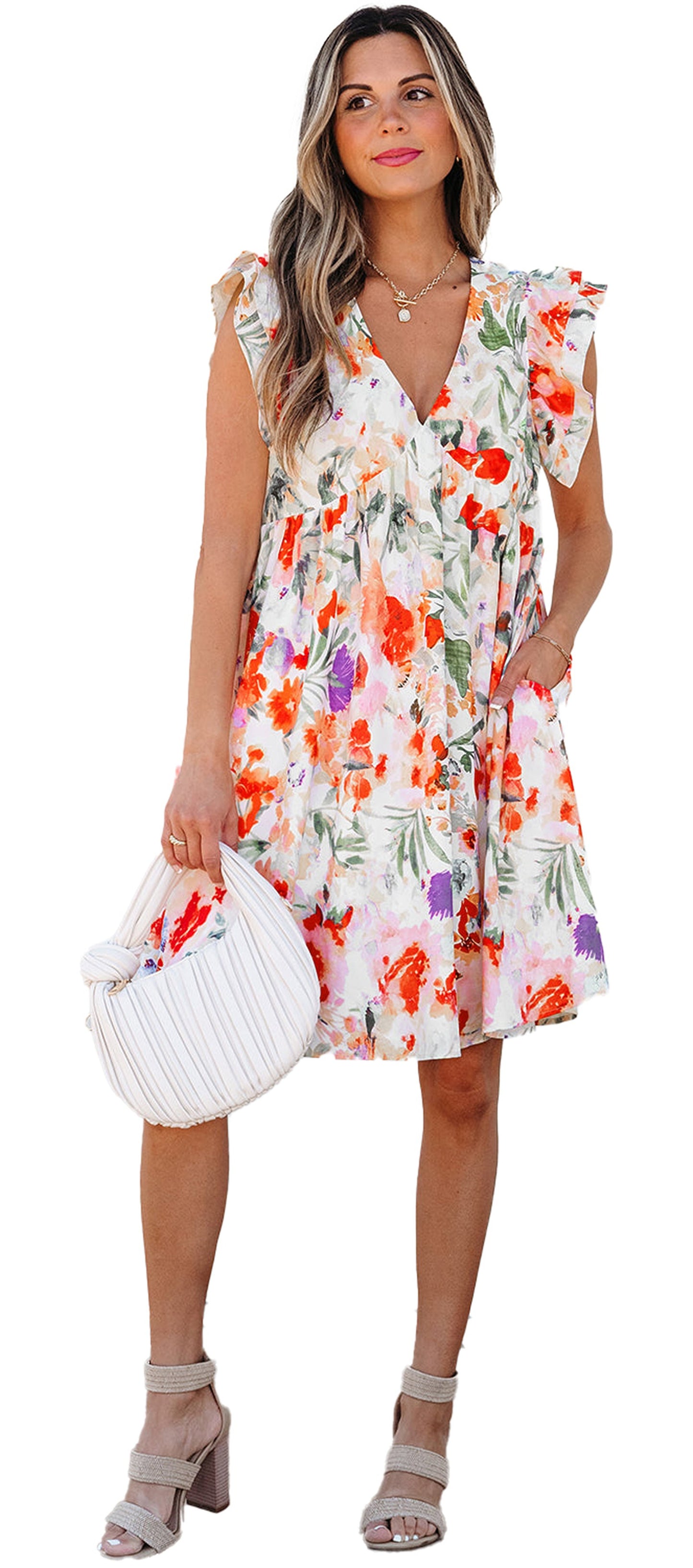 LuckeLadybug pink floral mini dress with V neck ruffle sleeves pockets and summer day styling