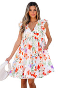 LuckeLadybug pink floral mini dress with V neck ruffle sleeves A line silhouette and pockets
