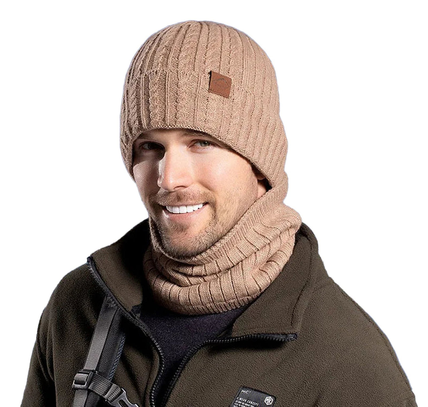 LuckeLadybug winter beanie hat men women in warm beige color, perfect for cold weather outings