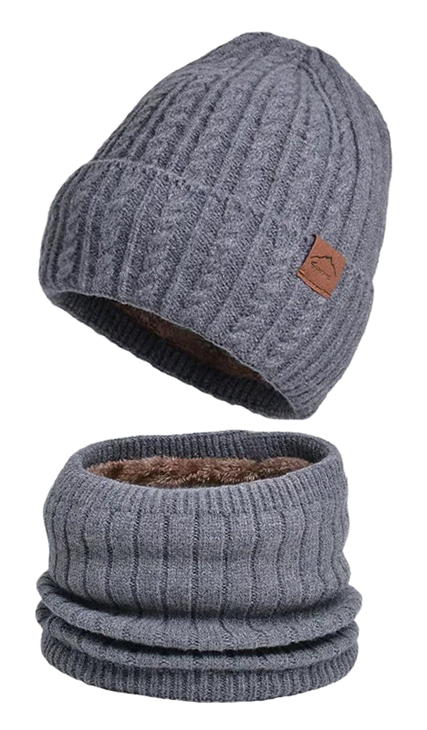 LuckeLadybug Winter Beanie Hat Men Women in Gray with Ribbed Design and Matching Neck Gaiter