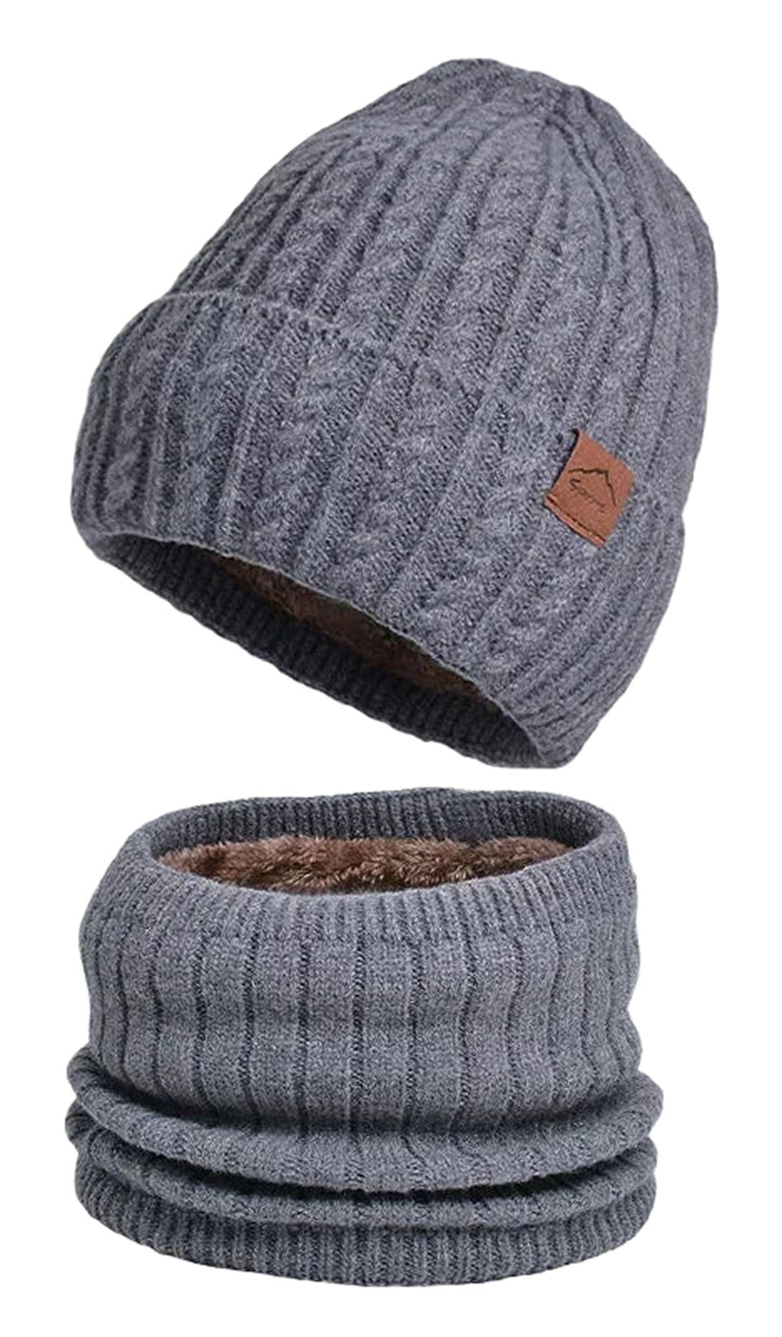 LuckeLadybug Winter Beanie Hat Men Women in Gray with Ribbed Design and Matching Neck Gaiter