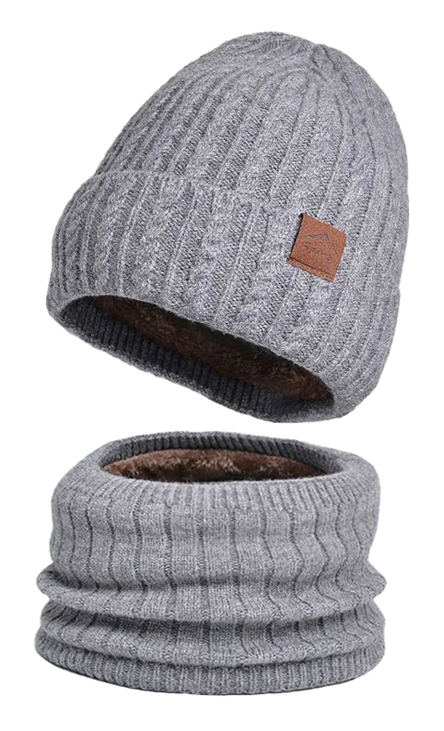 Grey winter beanie hat men women with a textured knit design and matching neck gaiter