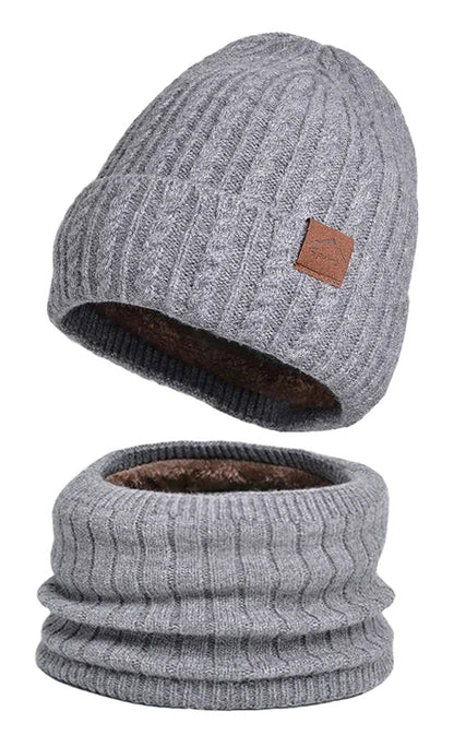 Grey winter beanie hat men women with a textured knit design and matching neck gaiter