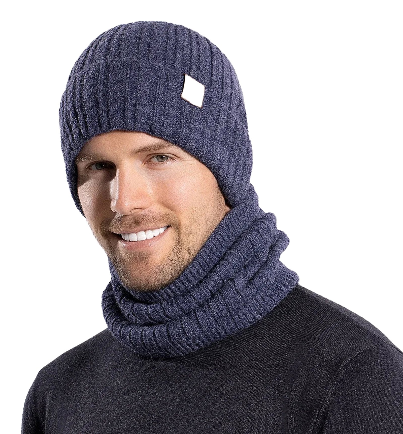 LuckeLadybug winter beanie hat men women in navy with matching neck warmer for warmth and style