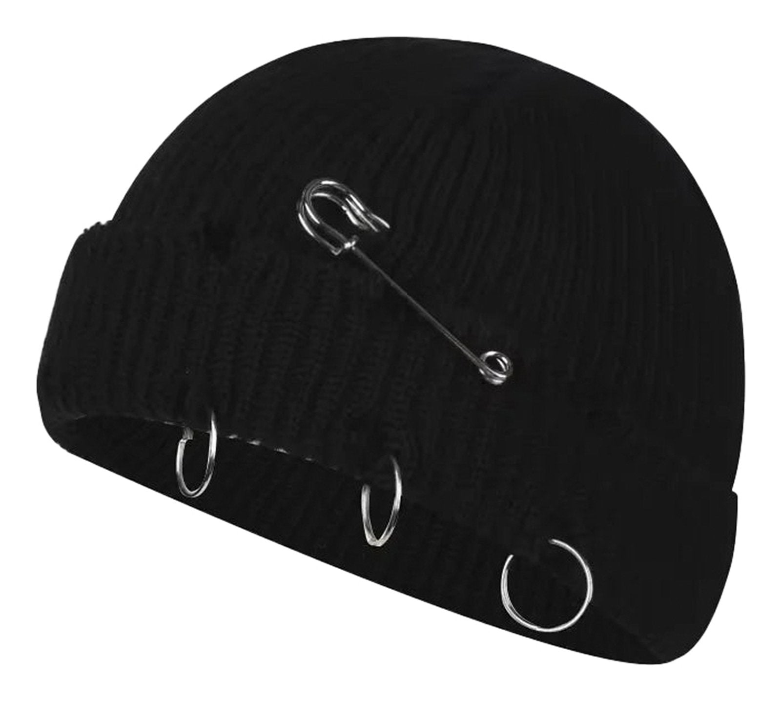 LuckeLadybug LLC black winter knitted balaclava hat with decorative safety pin and ring accents
