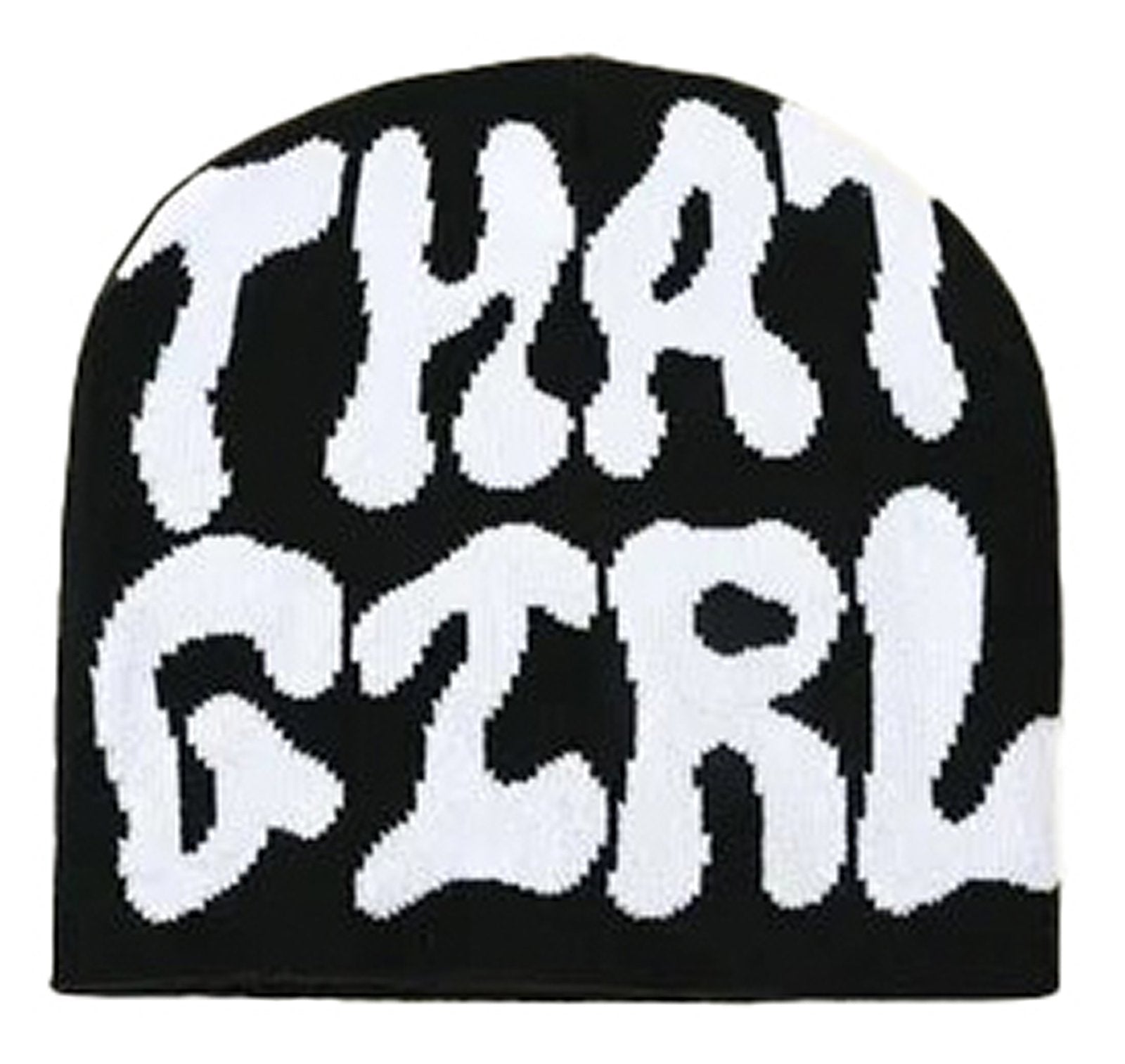 LuckeLadybug winter knitted balaclava hat in black with bold white text design that reads That Girl