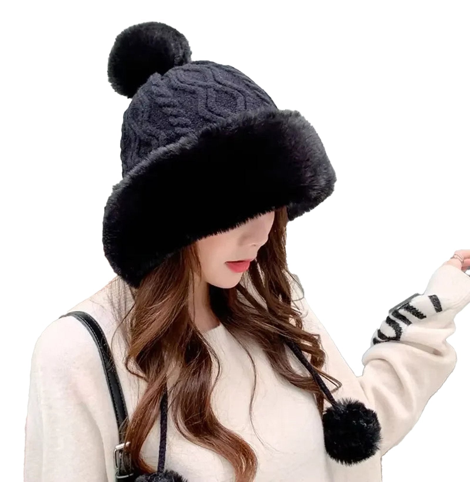 LuckeLadybug LLC winter knitted balaclava hat with faux fur trim and pom-pom detail for cozy warmth