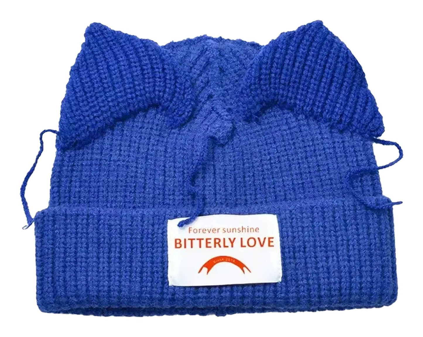 Blue winter knitted balaclava hat with cat ears and a cute label from LuckeLadybug LLC