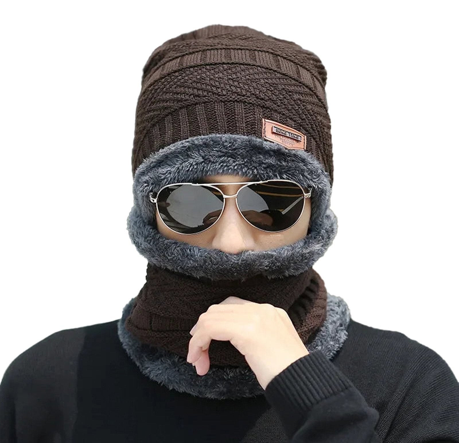 LuckeLadybug LLC winter knitted balaclava hat with soft lining and built-in neck cover for warmth
