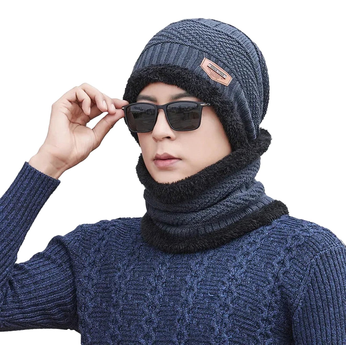LuckeLadybug winter knitted balaclava hat in navy with soft lining for warmth and comfort