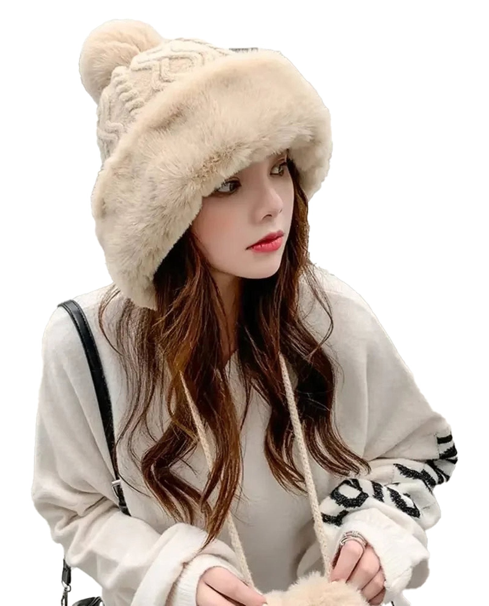 LuckeLadybug LLC winter knitted balaclava hat with faux fur trim and pom-pom, stylish and warm for cold weather