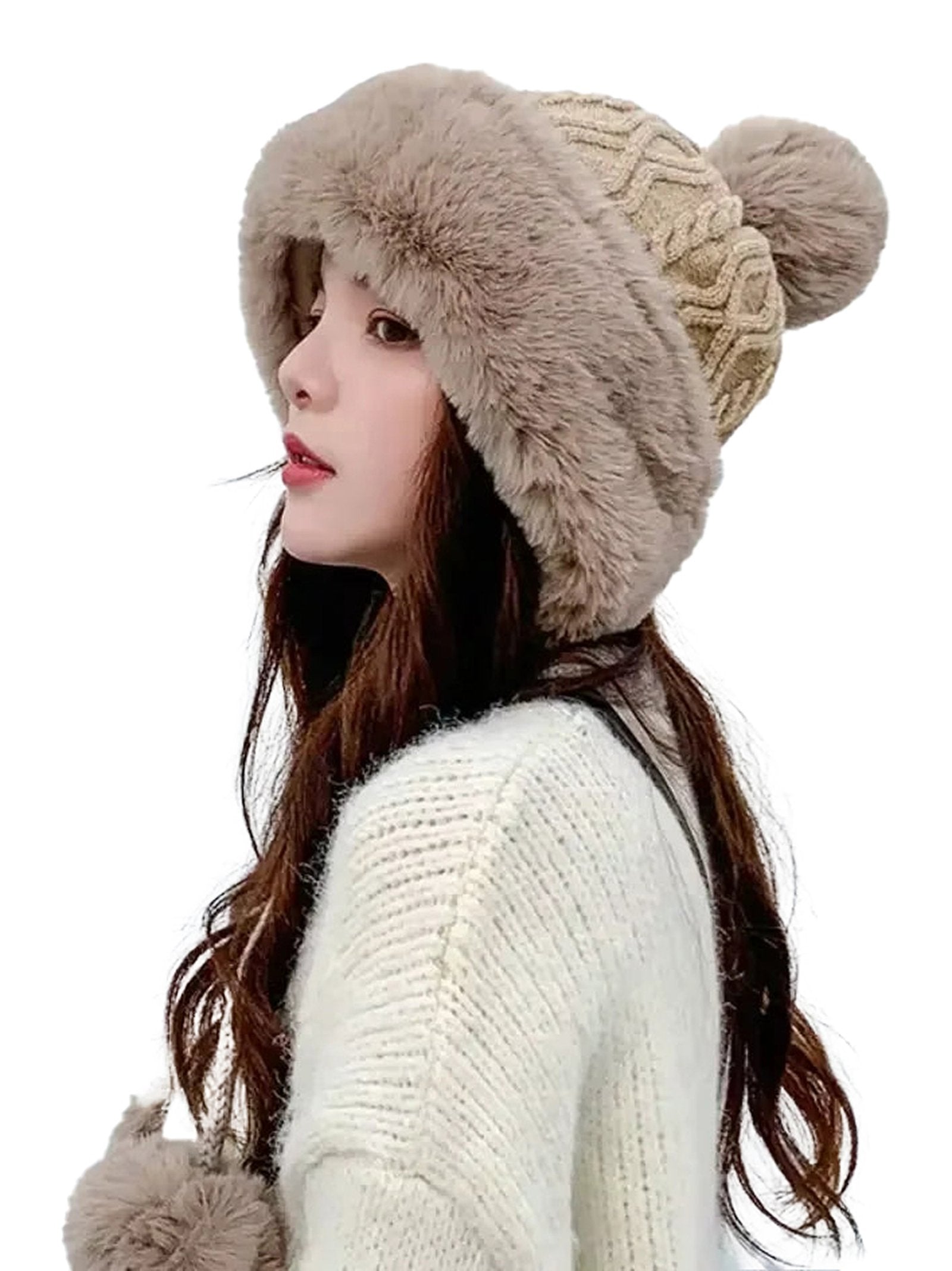 LuckeLadybug winter knitted balaclava hat in beige with soft faux fur and pom poms for warmth