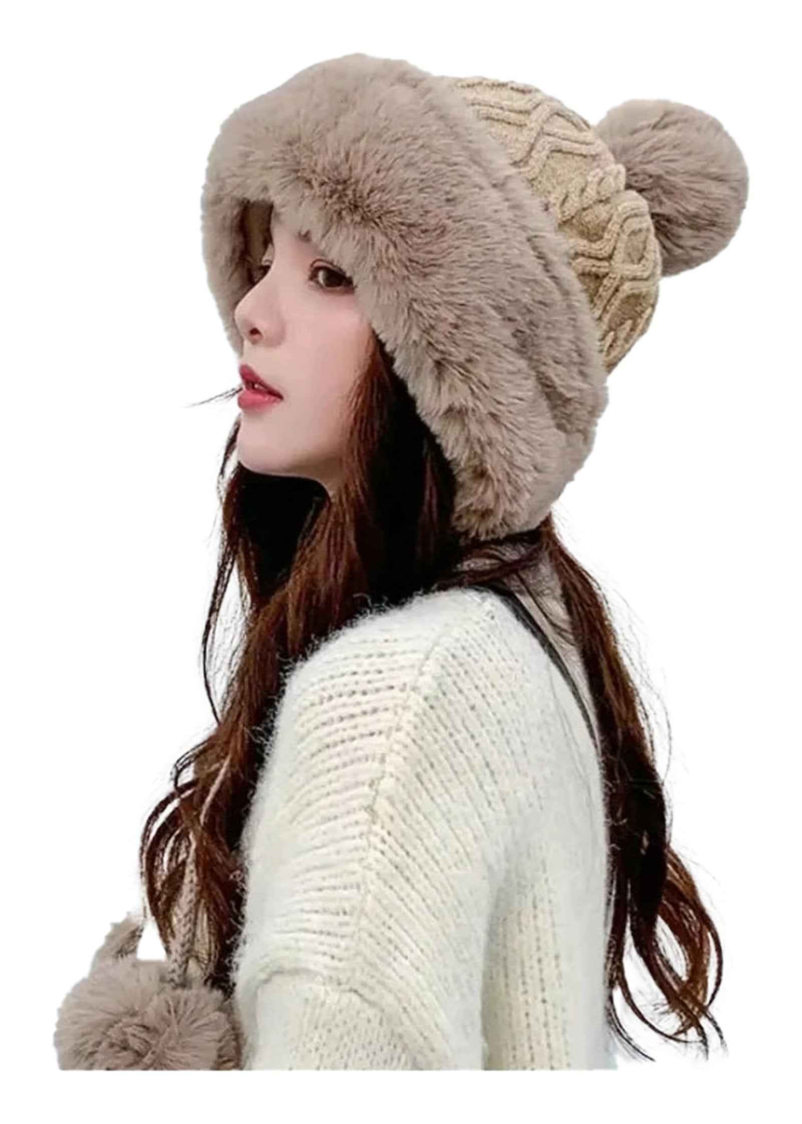 Cozy winter knitted balaclava hat in beige with pom-poms for warmth and style