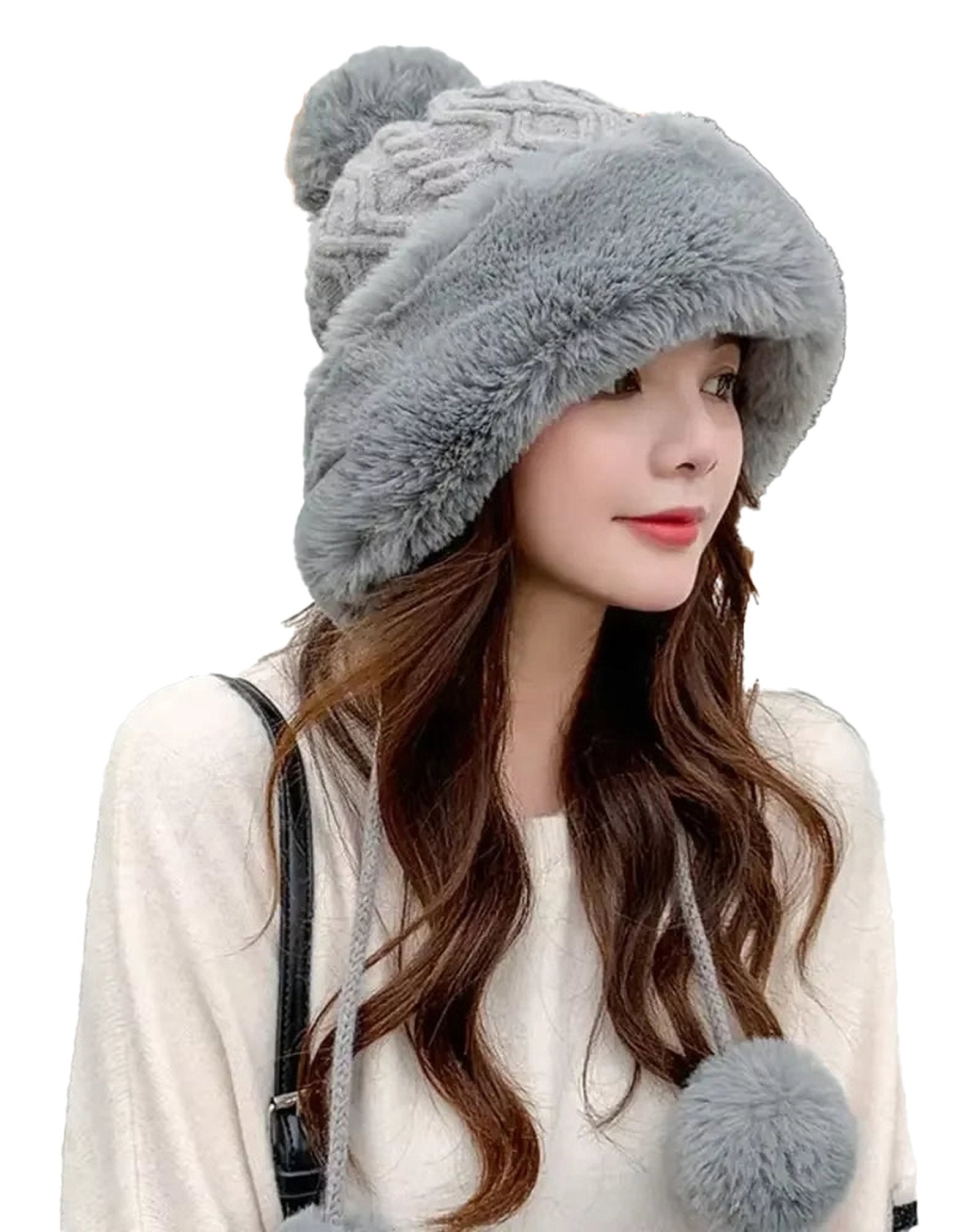 LuckeLadybug winter knitted balaclava hat in gray with faux fur lining and pom-pom detail