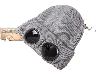 LuckeLadybug winter knitted balaclava hat in gray with unique goggles for stylish warmth