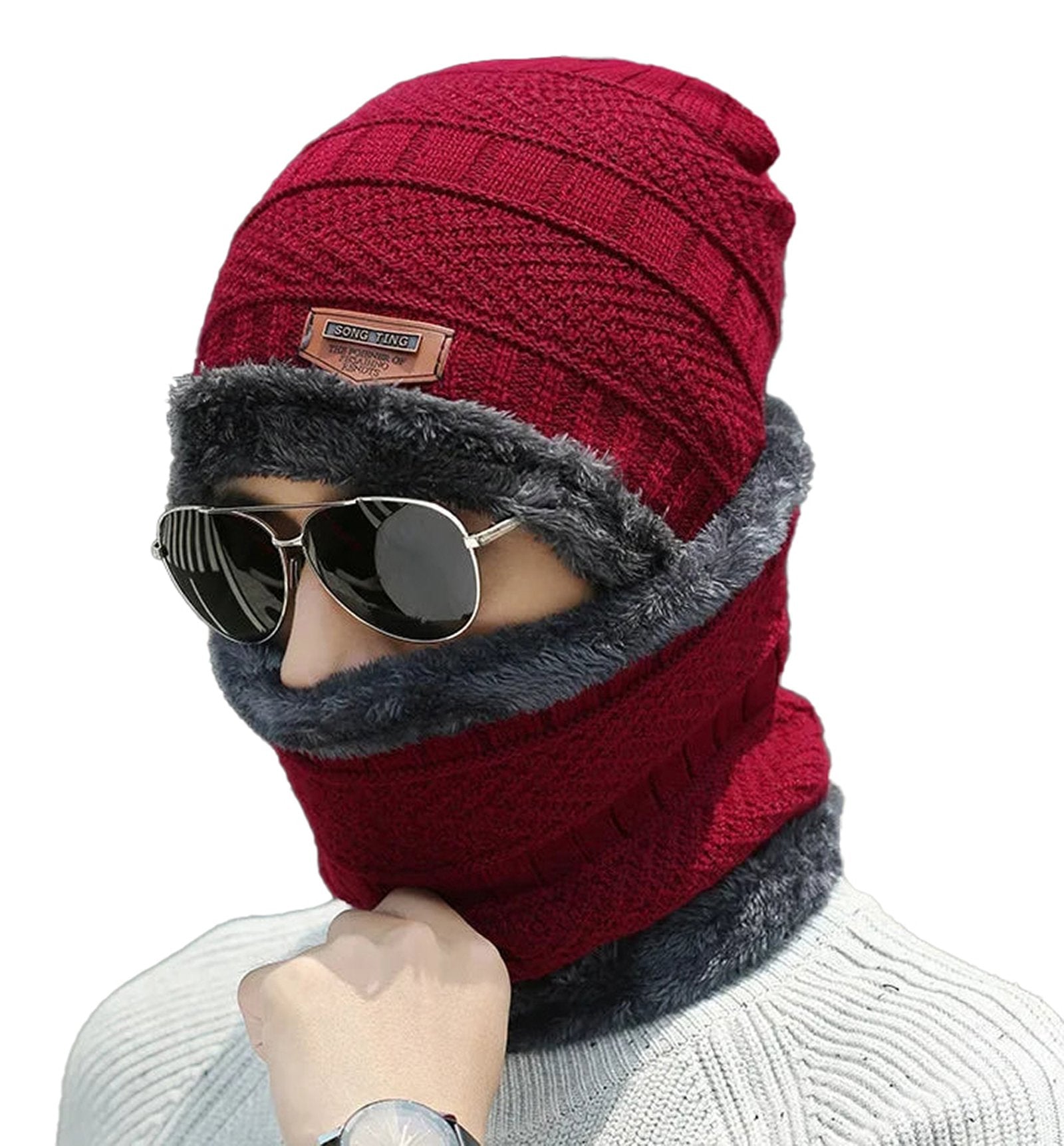 Red winter knitted balaclava hat with soft lining for warmth and style during cold weather