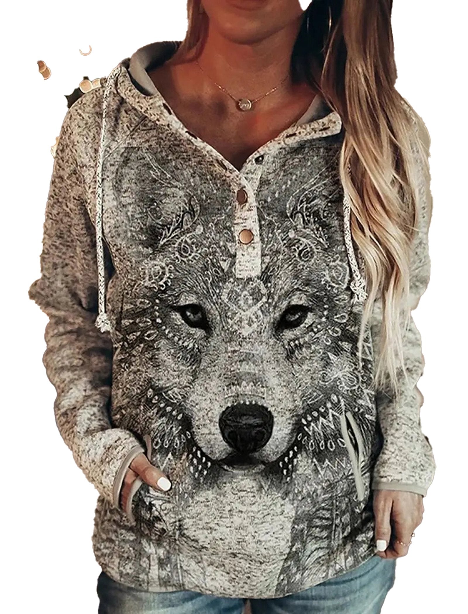 Wolf print hoodie for women with unique design and comfortable fit from LuckeLadybug LLC