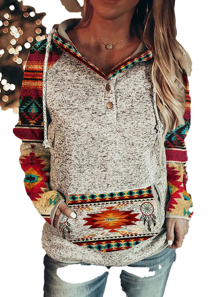 Cozy wolf print hoodie for women with colorful tribal patterns and button accents