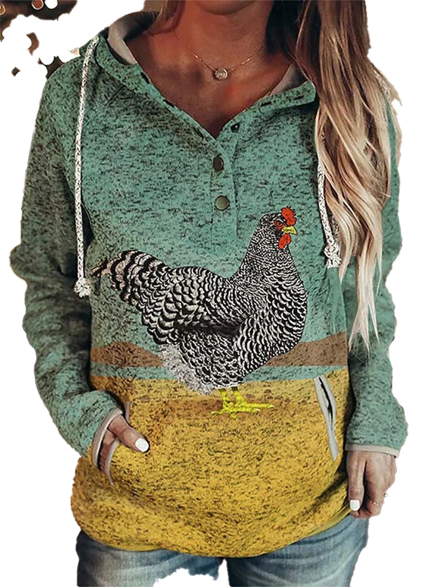 Stylish green and yellow wolf print hoodie for women with chicken design and pockets