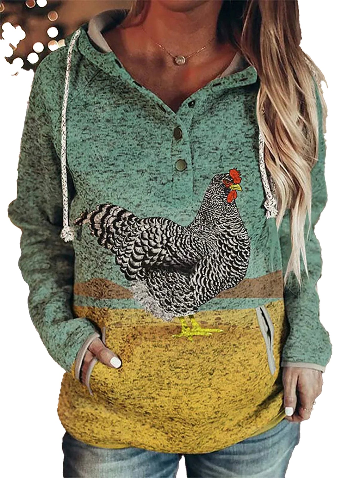 Comfortable wolf print hoodie for women in green with chicken graphic and front pockets