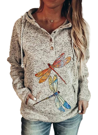 LuckeLadybug women's wolf print hoodie with colorful dragonfly design and buttons