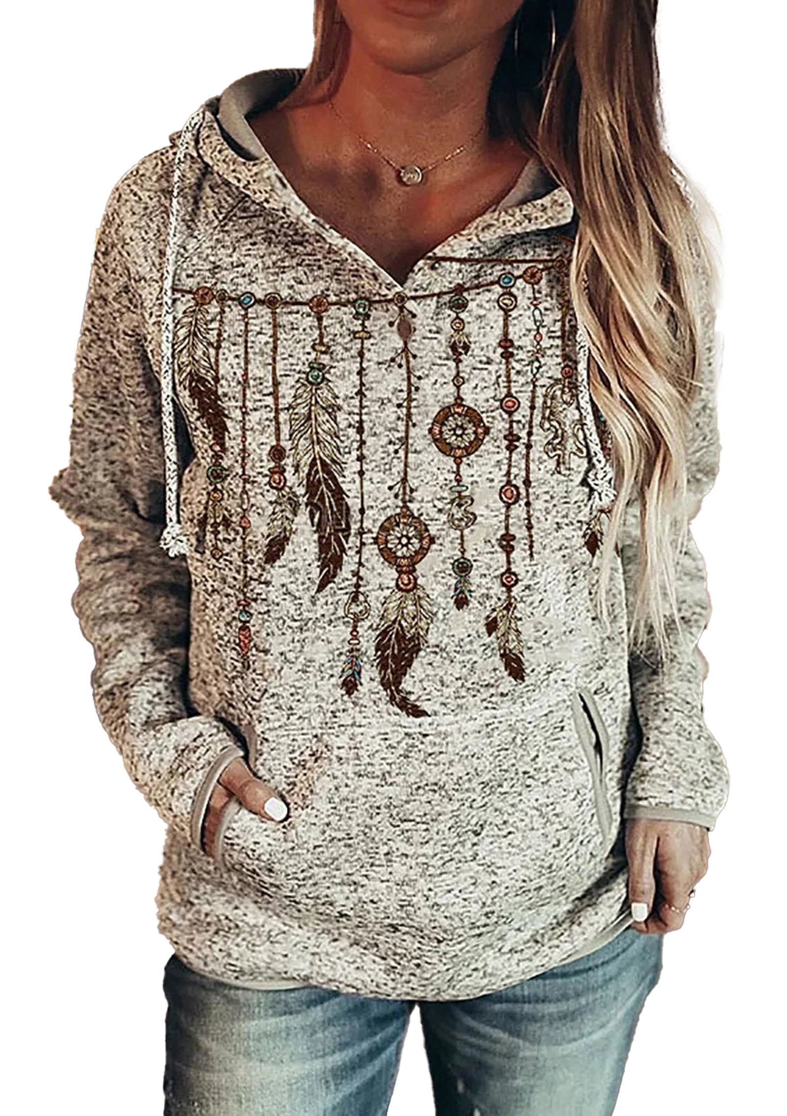 Stylish wolf print hoodie for women with feather and dreamcatcher design for a trendy look