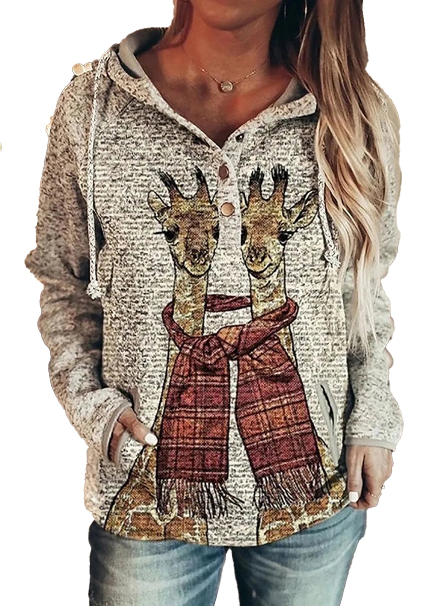 Cozy wolf print hoodie for women featuring playful giraffe design with plaid scarves