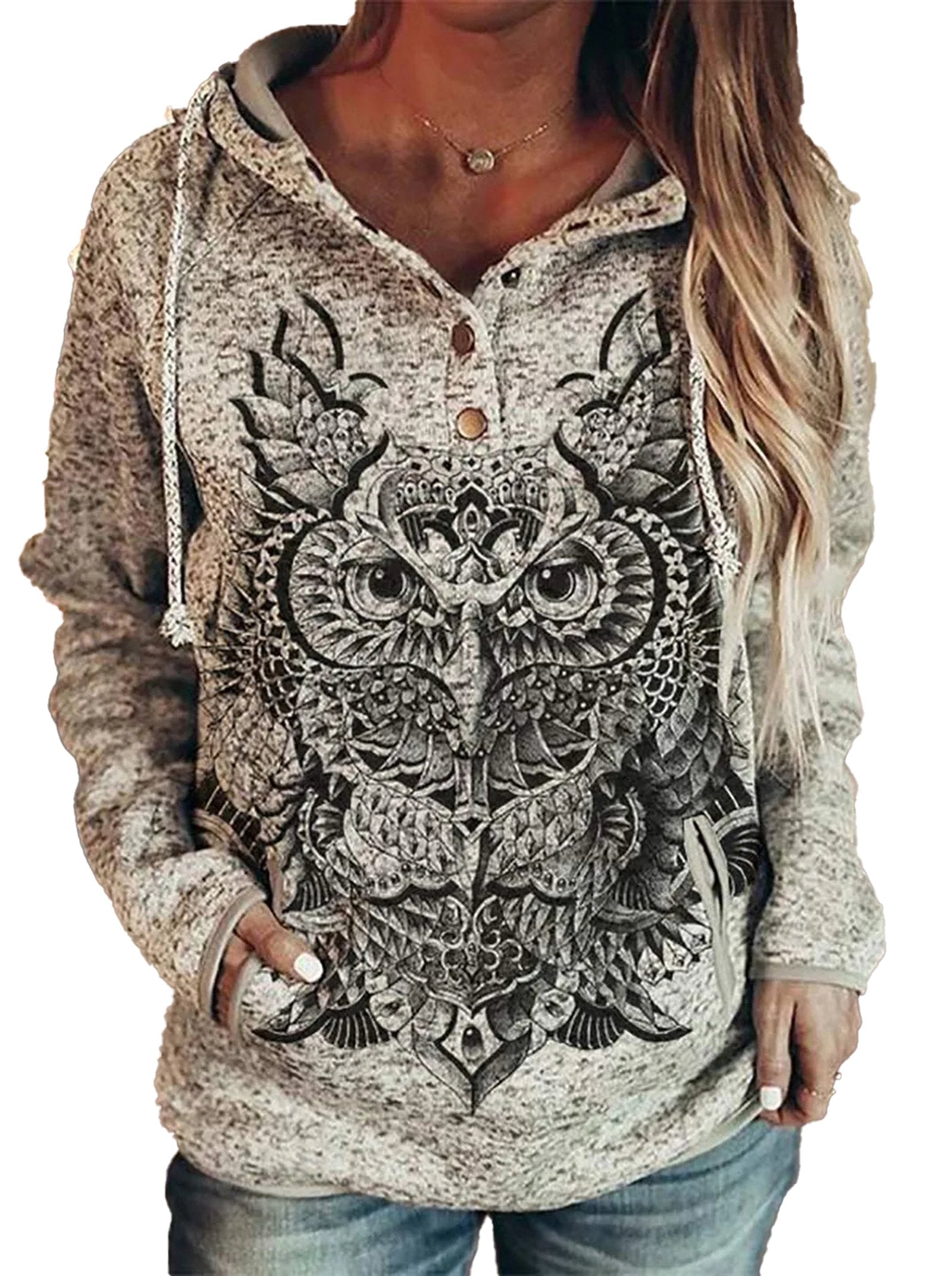 Cozy wolf print hoodie for women featuring a stylish owl design and buttons for added detail