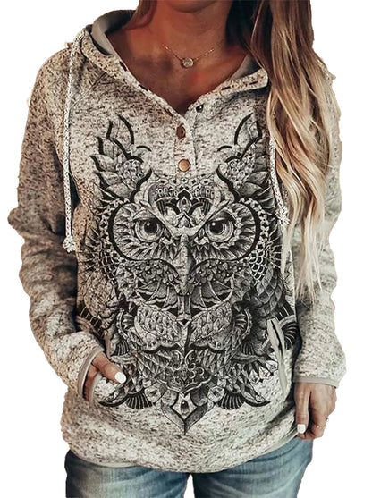 Cozy wolf print hoodie for women featuring a stylish owl design and buttons for added detail