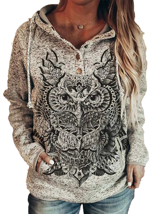 Cozy wolf print hoodie for women featuring a stylish owl design and buttons for added detail