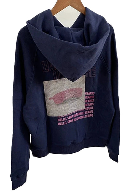 Navy women's autumn hoodie 2024 with graphic print on back from LuckeLadybug LLC