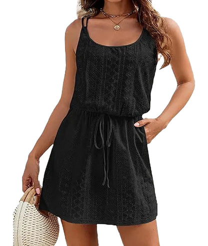 Casual black sleeveless mini dress for women with adjustable straps and drawstring waist by LuckeLadybug LLC