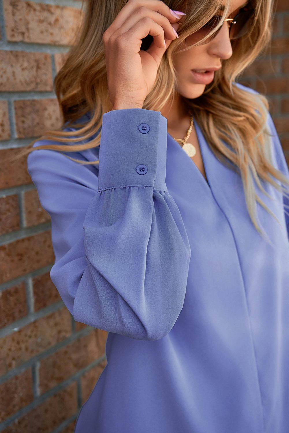 LuckeLadybug LLC women blouse long sleeve in lavender with buttoned cuffs and stylish design