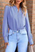 LuckeLadybug LLC women's blouse long sleeve in light blue featuring a stylish collar and button detail