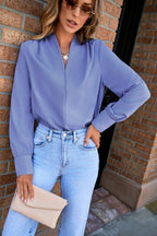 LuckeLadybug LLC women blouse long sleeve in lavender paired with high-waisted jeans