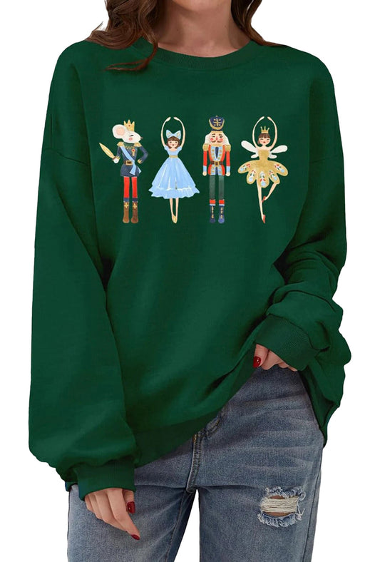Women's Christmas pullover sweatshirt in green featuring colorful nutcracker characters and ballet design