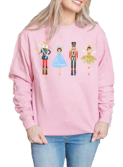 LuckeLadybug women's Christmas pullover sweatshirt in pink featuring festive nutcracker designs