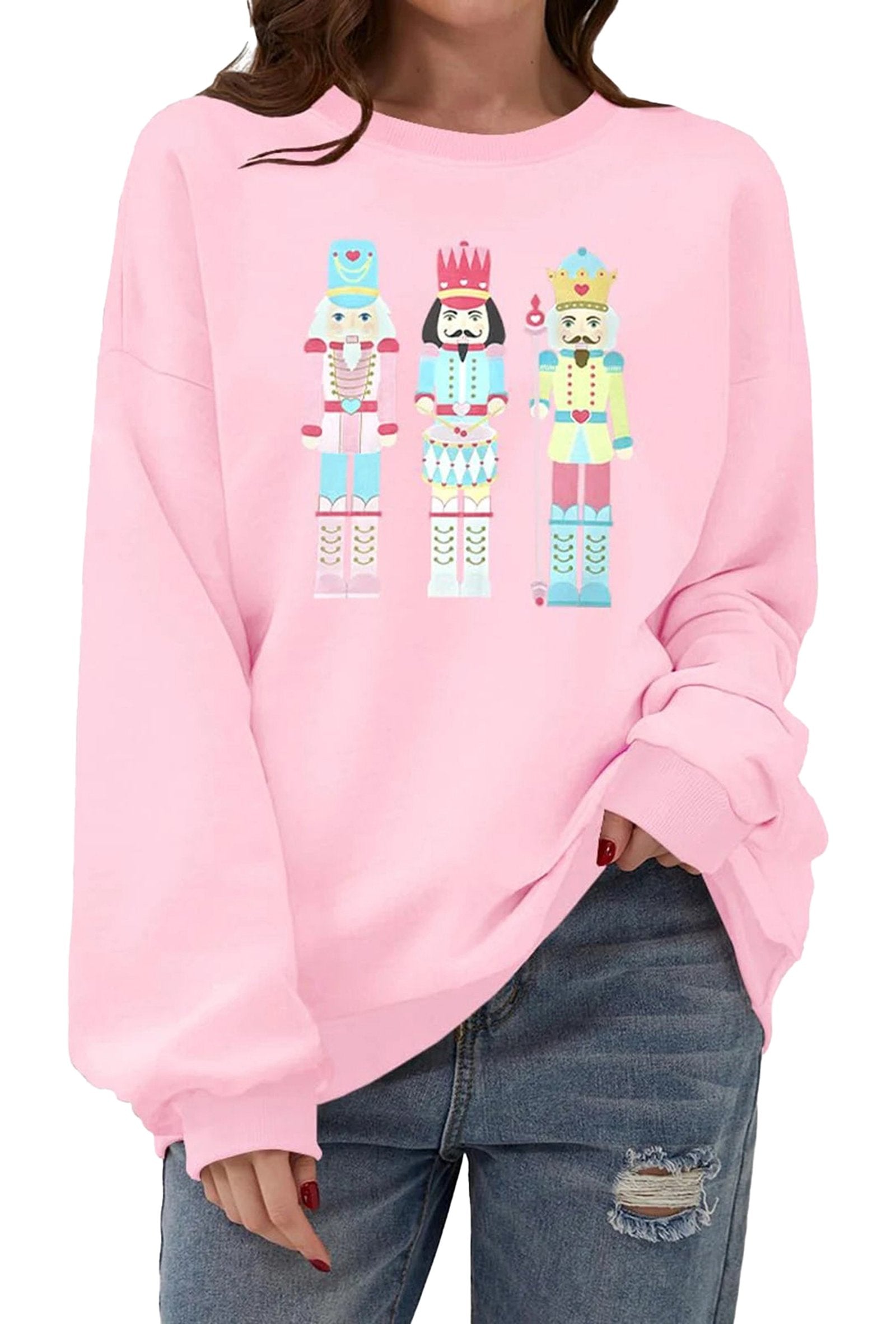 LuckyLadybug LLC women's Christmas pullover sweatshirt in pink with nutcracker design