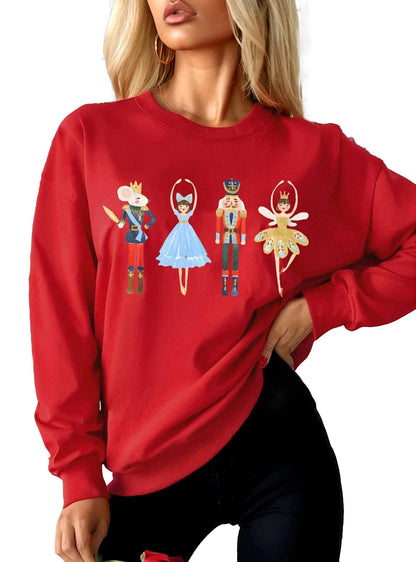 Red women's Christmas pullover sweatshirt featuring nutcracker and fairy design for holiday festivities
