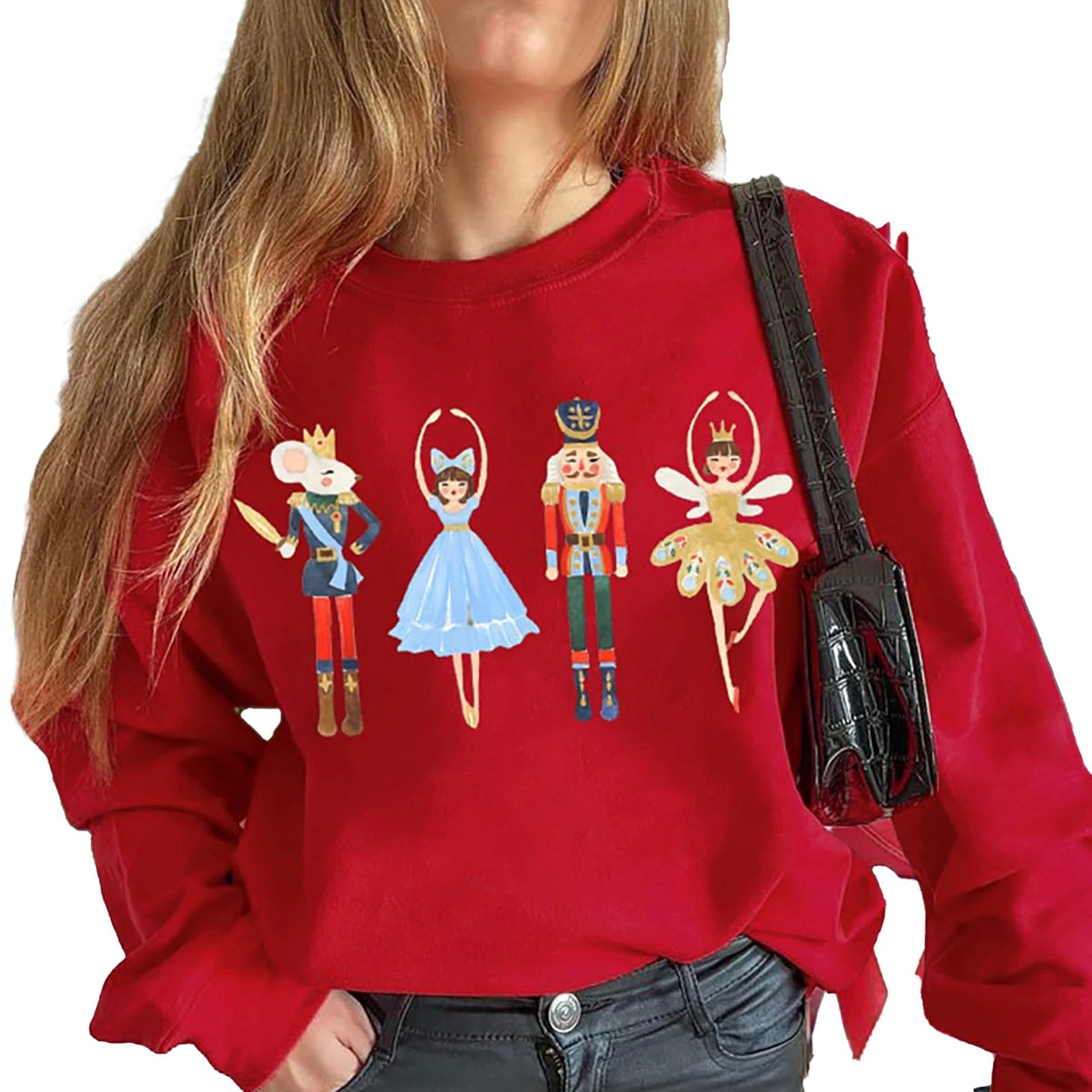 Red women's Christmas pullover sweatshirt featuring nutcracker characters and a ballerina design