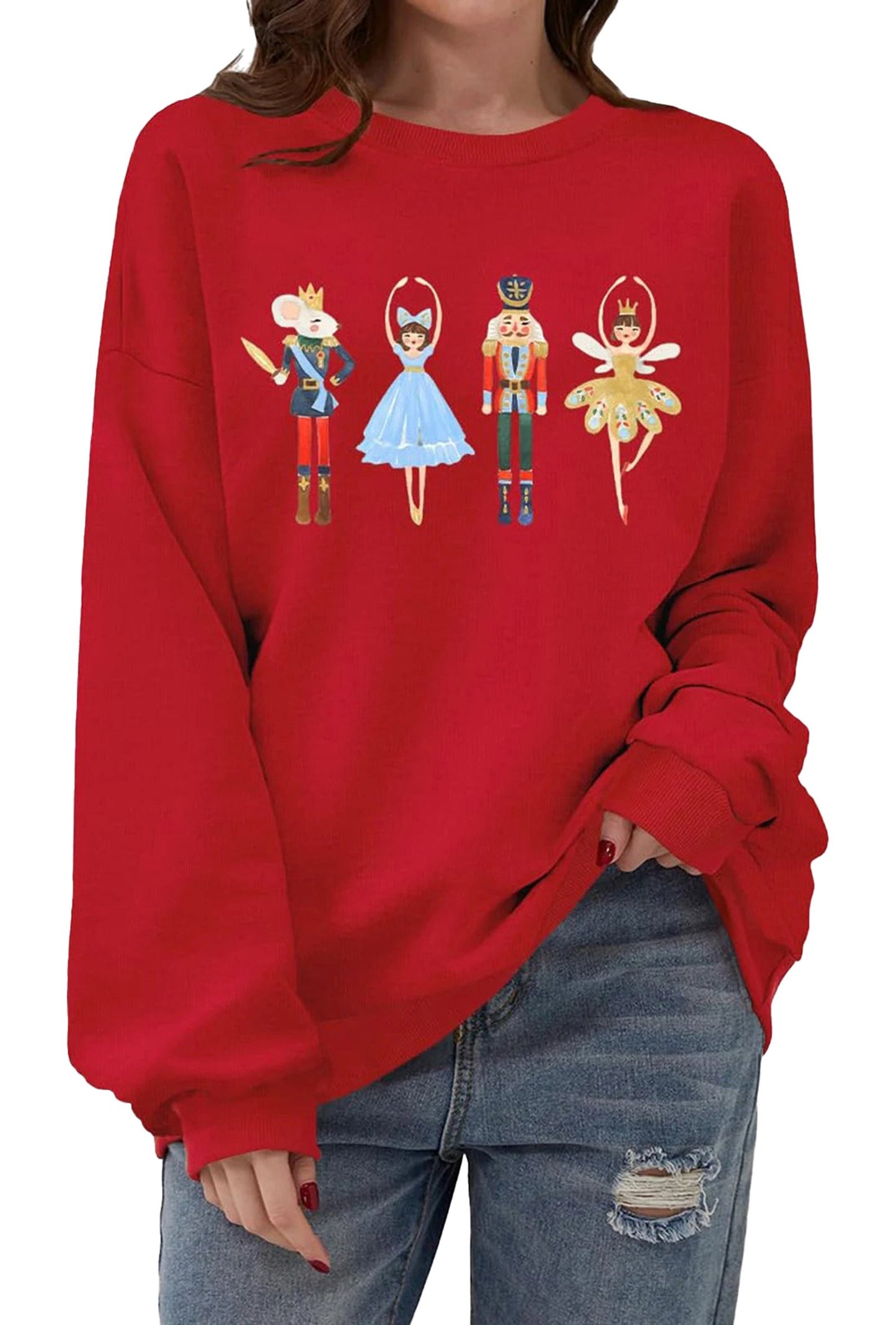 Red women's Christmas pullover sweatshirt featuring nutcracker and ballet designs for festive style